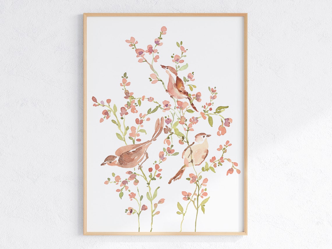 Wren Birds Watercolor Poster on Blush Pink Blossoming Branches