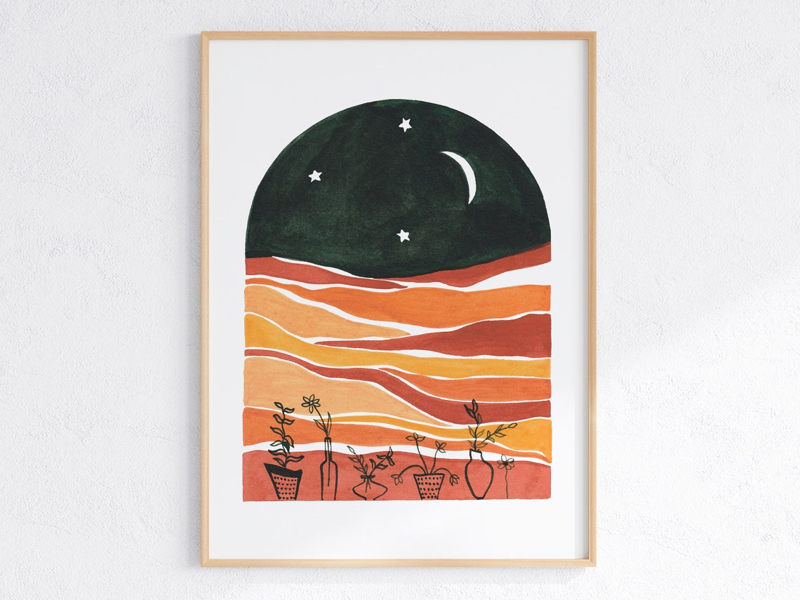 Boho Desert Arch Night Sky Moon Botanical Terracotta Earth Poster