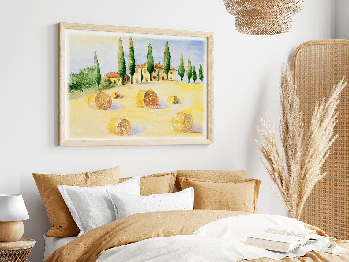 Tuscany Farmhouse Hay Bales Watercolor Italian Countryside Poster - Image 2
