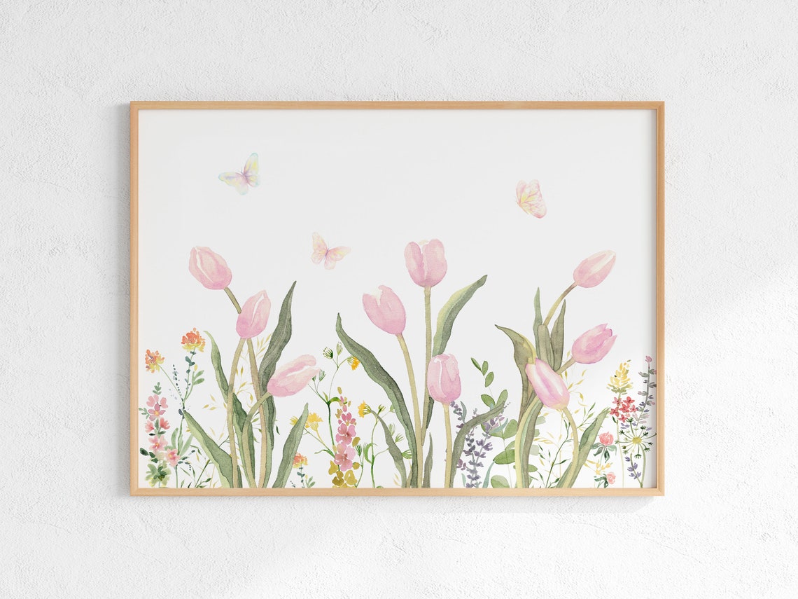 Pink Tulips Watercolor Poster with Butterflies and Spring Wildflowers