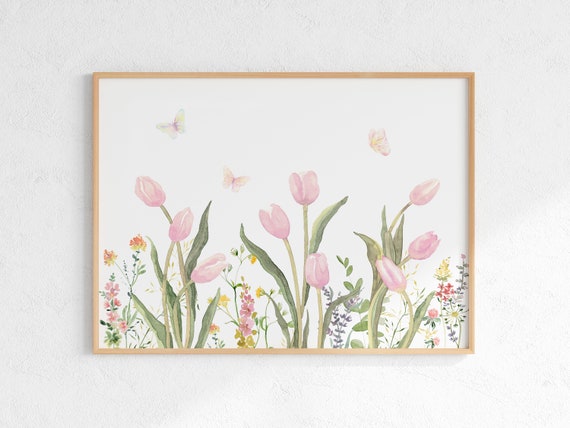 Tulips Watercolor Print Flower Wall Art Tulips With Butterflies Horizontal Poster Artwork