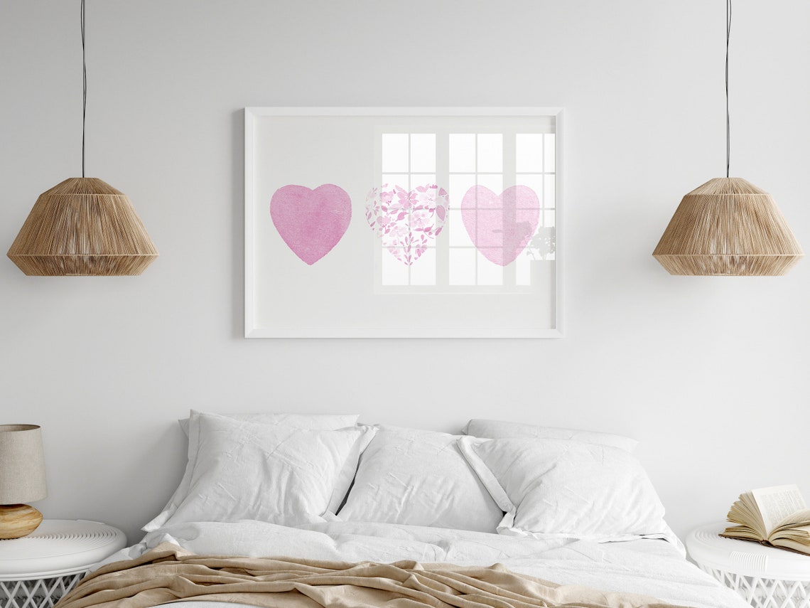 Three Pink Watercolor Floral Hearts Girl Nursery Wall Decor Poster - Image 2