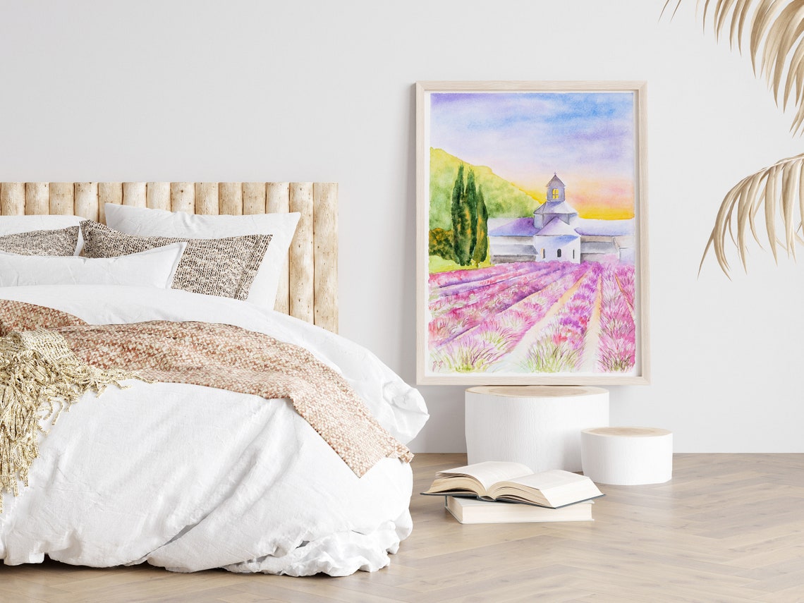 Provence Lavender Field with Church at Sunset Watercolor Poster - Image 2