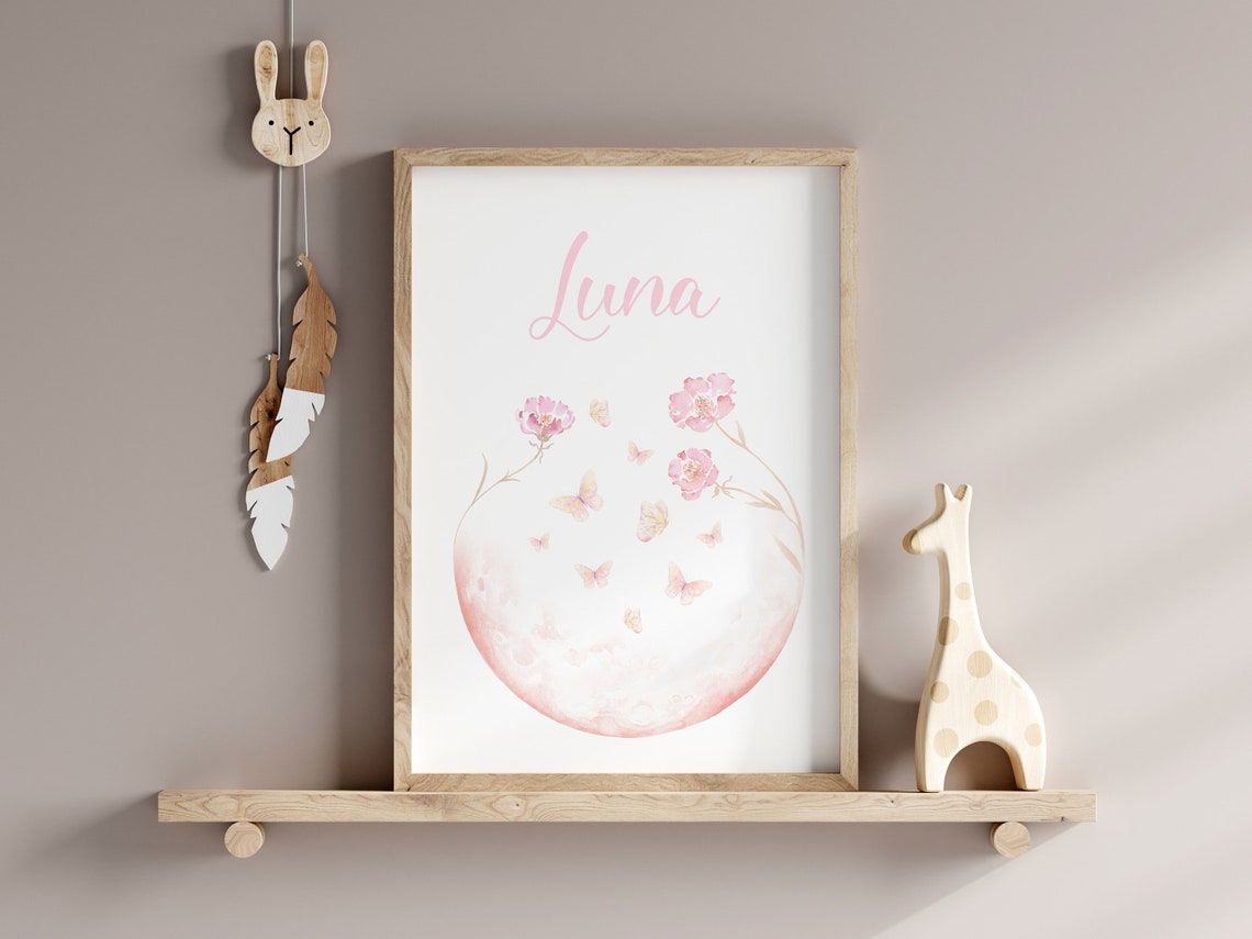 Luna Pink Moon With Butterflies Nursery Name Floral Art Print - Image 2