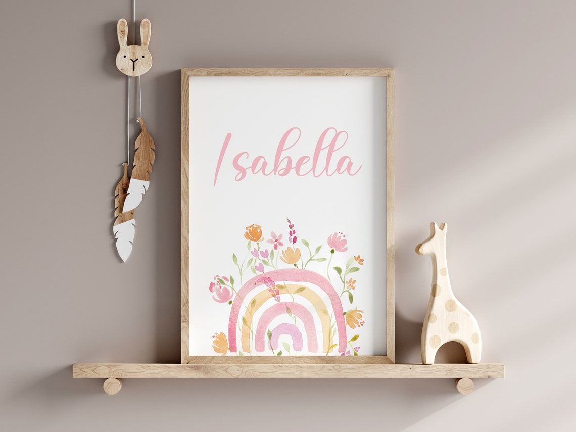 Personalized Boho Rainbow Name Nursery Watercolor Floral Poster - Image 2