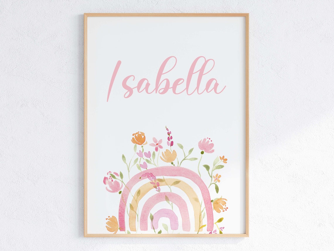 Personalized Boho Rainbow Name Nursery Watercolor Floral Poster