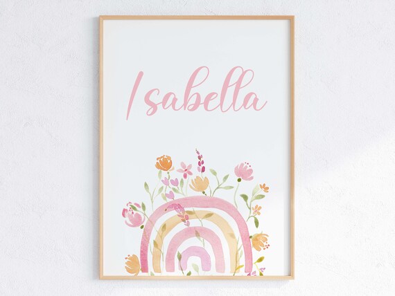 Personalized Boho Rainbow Name Nursery Watercolor Floral Poster
