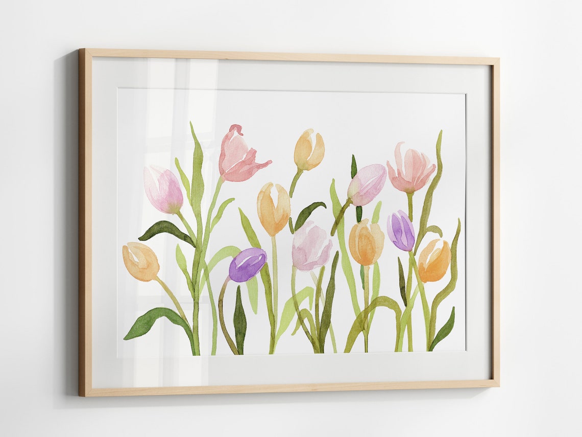 Pastel Tulip Meadow Row Watercolor Spring Horizontal Floral Poster