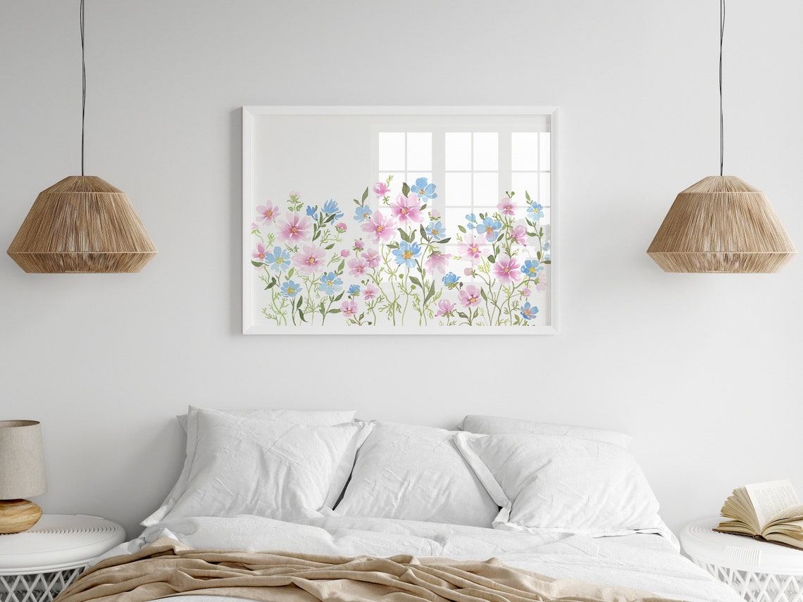 Pink And Blue Cosmos Wildflowers Watercolor Horizontal Art Poster - Image 3
