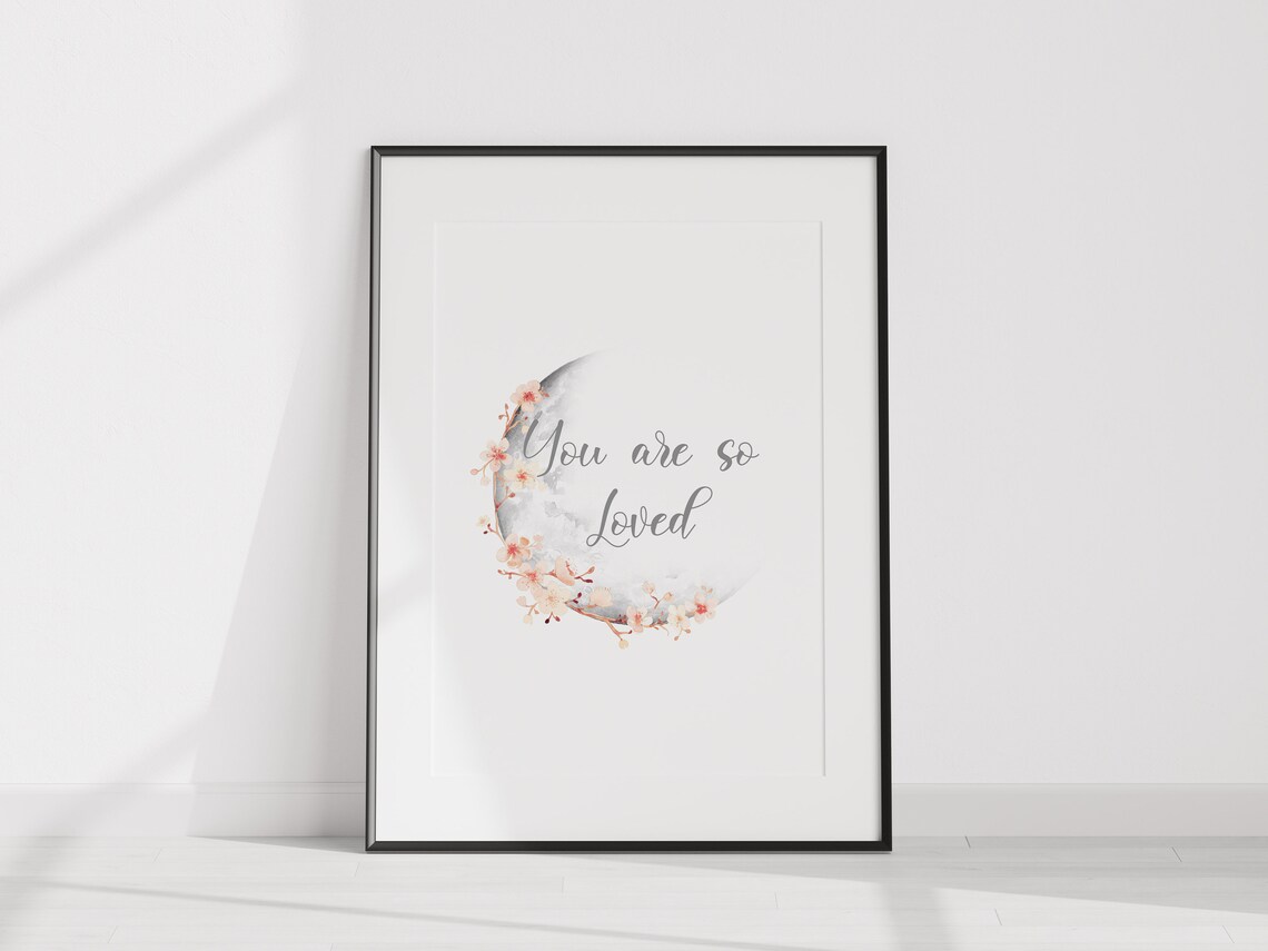 You Are So Loved Watercolor Moon Floral Wreath Nursery Affirmation Poster - Image 3
