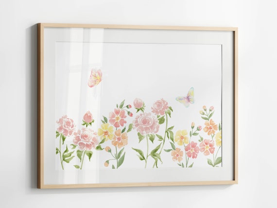 Flowers With Butterflies Print Horizontal Floral Watercolor Botanical Poster