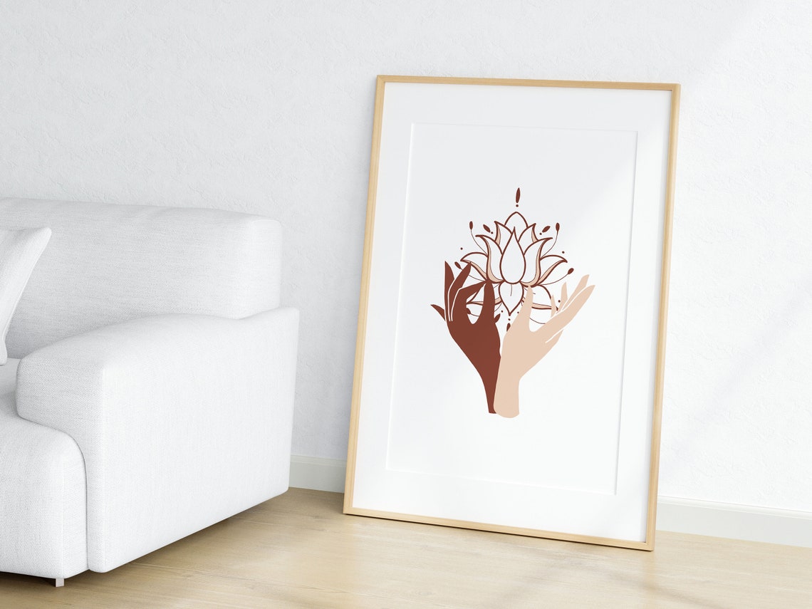 Boho Hands Holding Lotus Flower Terracotta Spiritual Art Poster - Image 2