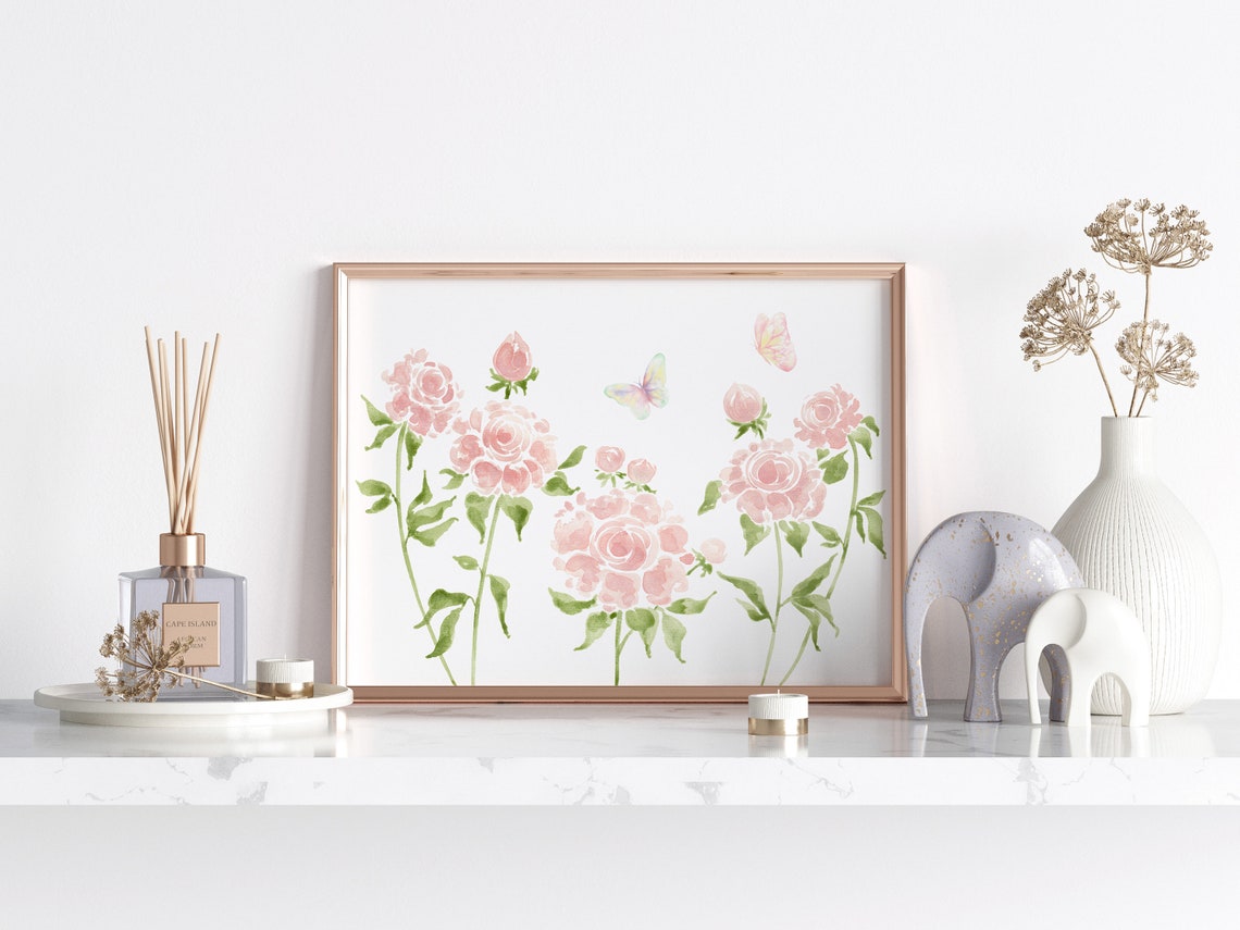 Pink Peonies Watercolor with Butterflies Horizontal Floral Poster - Image 2
