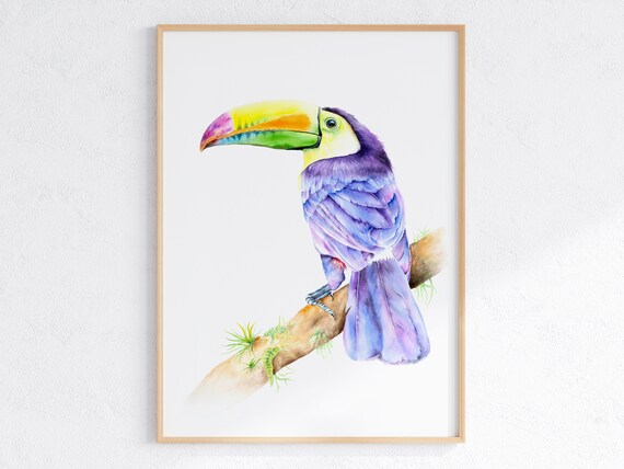 Colorful Toucan Watercolor Poster on a Branch for Jungle Nursery