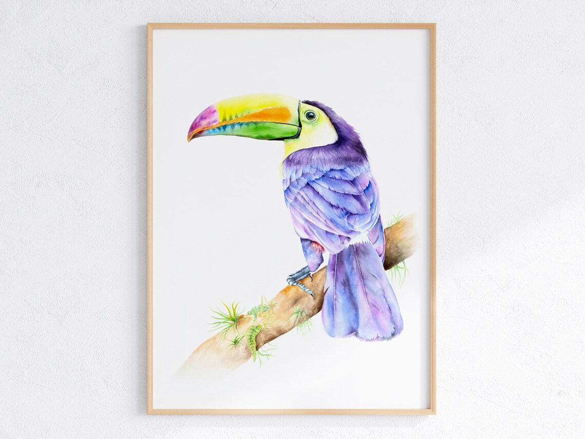 Colorful Toucan Watercolor Poster on a Branch for Jungle Nursery