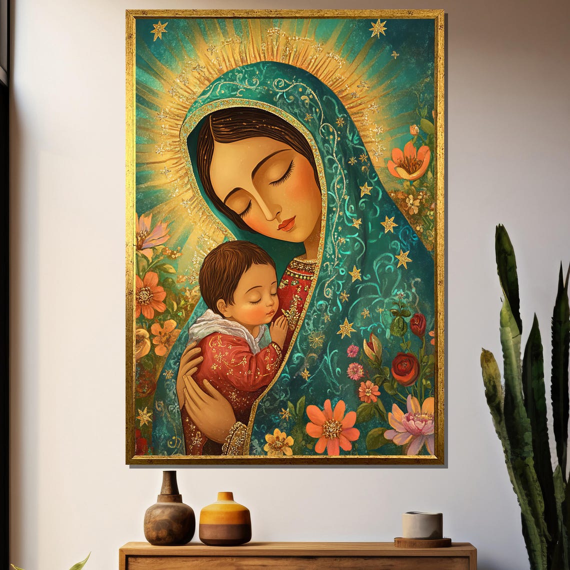 La Virgen De Guadalupe Painting, Floral Religious Art