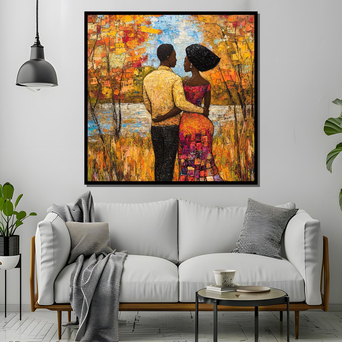 African Couple In Autumn Landscape, Romantic Painting - Image 2