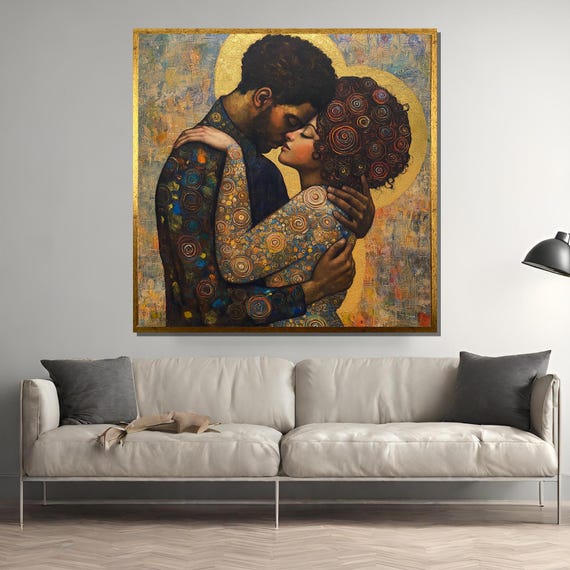 Klimt Style Couple Painting, Romantic Symbolic Love