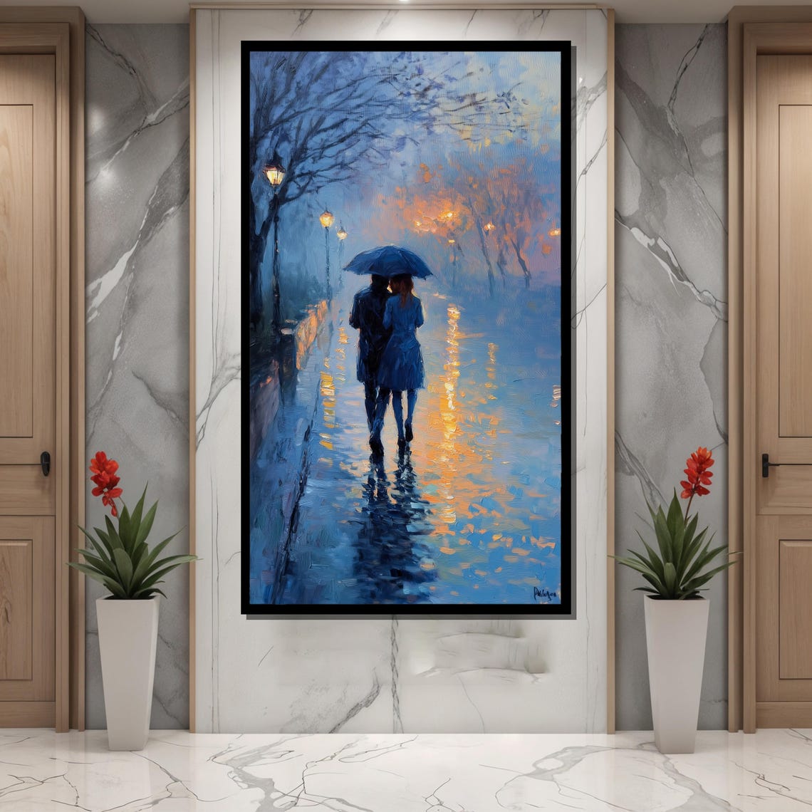 Romantic Couple Walking In Rain, Impressionist Art Print - Image 2