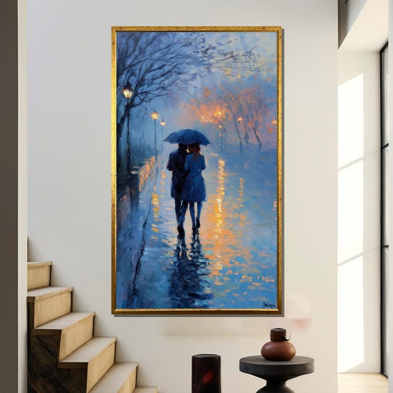 Romantic Couple Walking In Rain, Impressionist Art Print