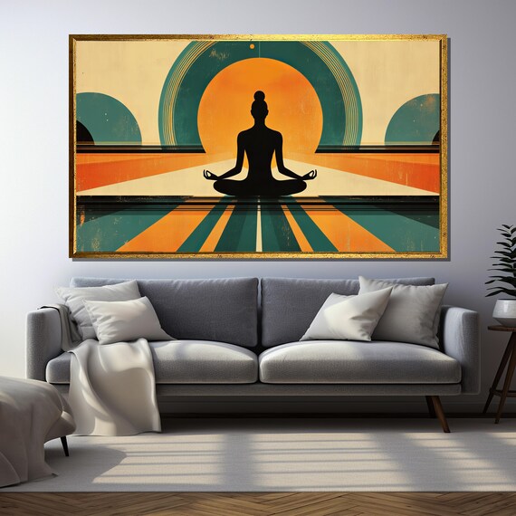 Retro Sunset Meditation Zen Silhouette, Vintage Yoga