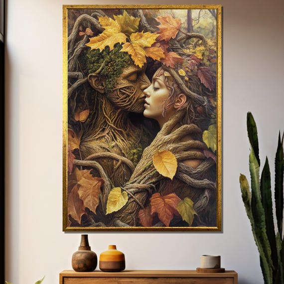 Autumn Tree Lovers Embrace, Surreal Romance Art
