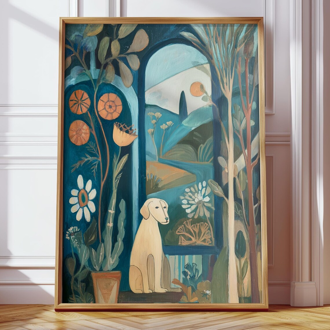 Whimsical Dog In Garden, Nursery Art Print