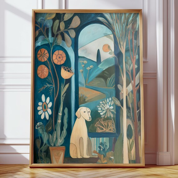 Whimsical Dog In Garden, Nursery Art Print