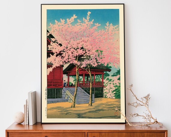 Japanese Cherry Blossom Temple Spring Woodblock Style Art Poster
