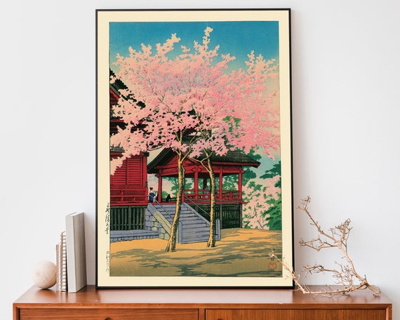 Japanese Temple Poster Cherry Blossom Print Vintage Woodblock Art Kawase Hasui Illustration Japandi Decor Zen Wall Art