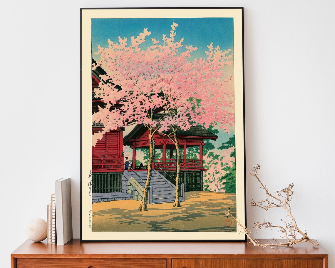 Japanese Cherry Blossom Temple Spring Woodblock Style Art Poster
