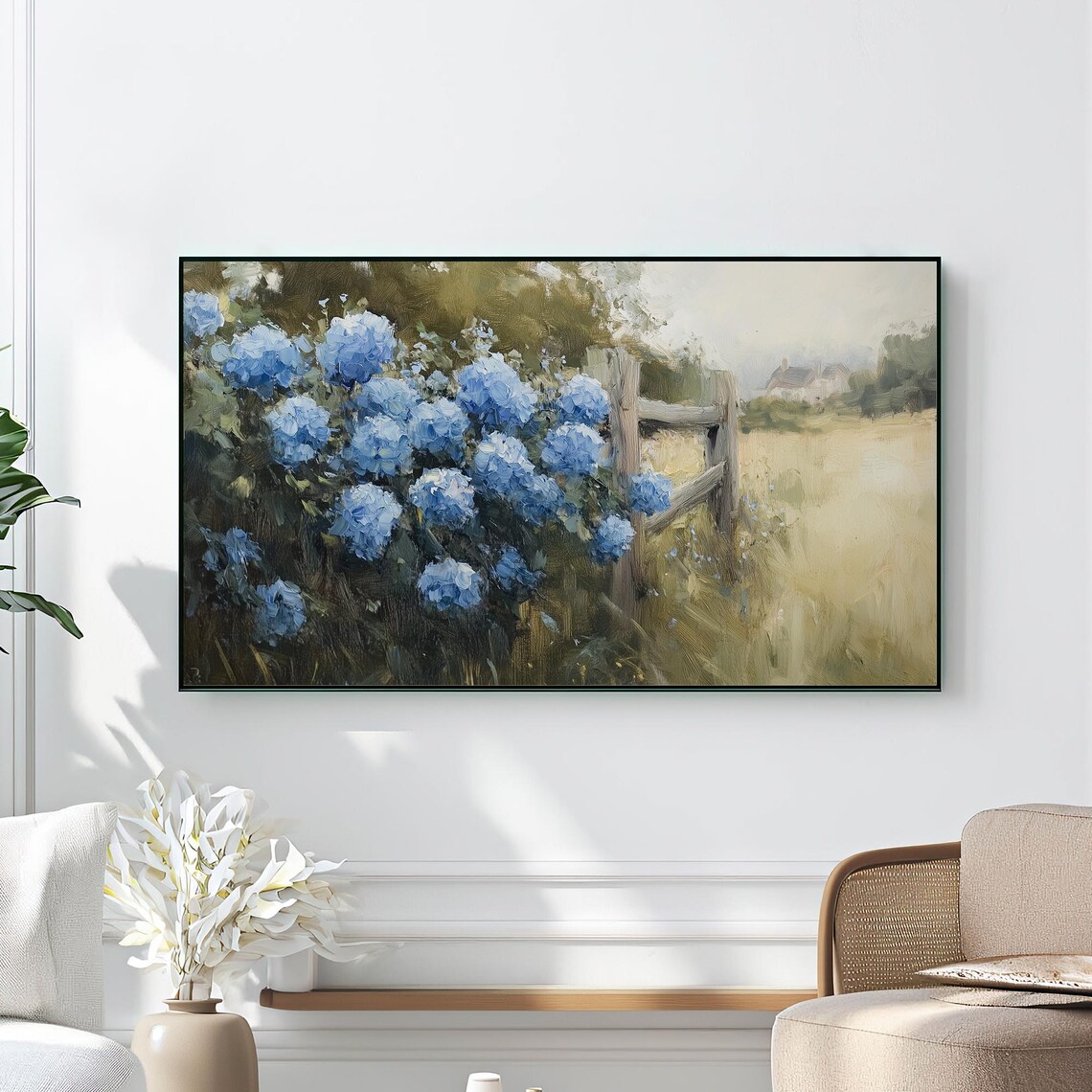 Spring Blue Hydrangeas Countryside Painting - Image 2