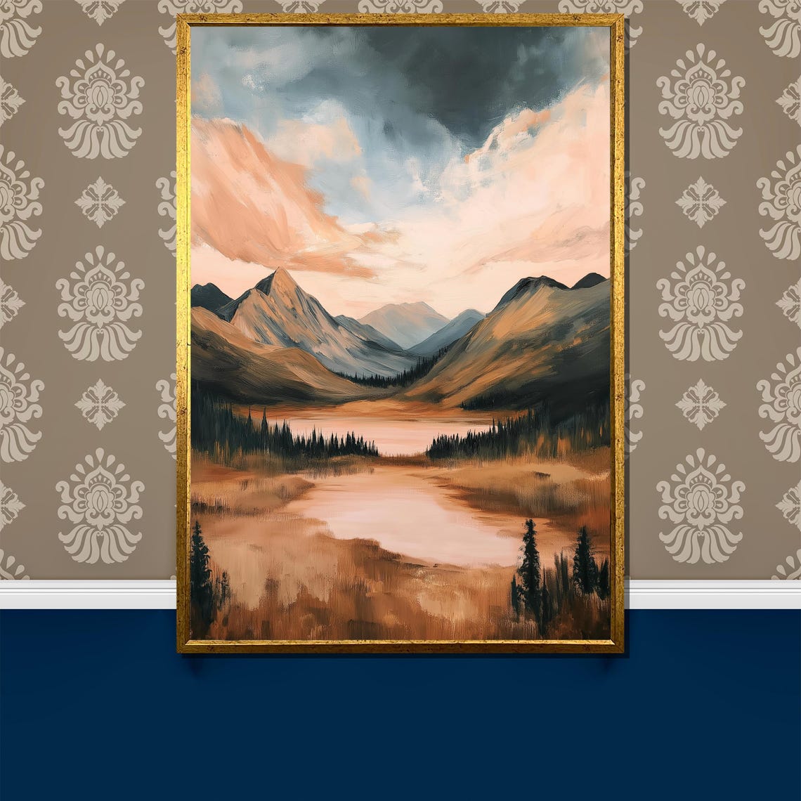 Serene Mountain Valley Painting Tranquil Landscape Artwork With Rolling Hills And Misty Skies Perfect Nature Gift For Wall Decor