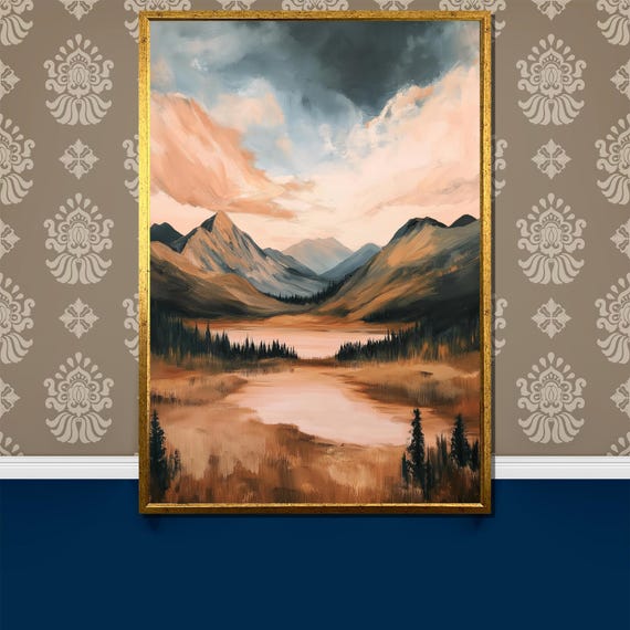 Serene Mountain Valley Painting Tranquil Landscape Artwork With Rolling Hills And Misty Skies Perfect Nature Gift For Wall Decor