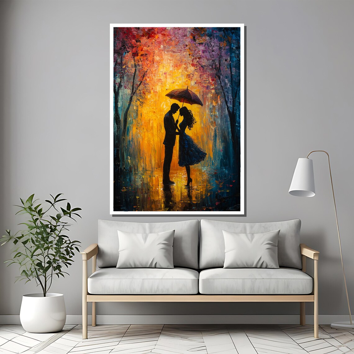 Romantic Rain Couple Under Umbrella Colorful Textured Art Poster - Image 2