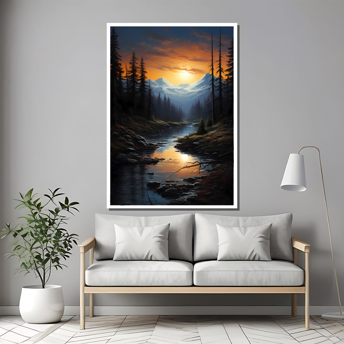 Tranquil Sunset Over Mountain Stream Painting Scenic Wilderness Landscape Peaceful Forest Art Perfect Nature Gift For Wall Decor - Image 2