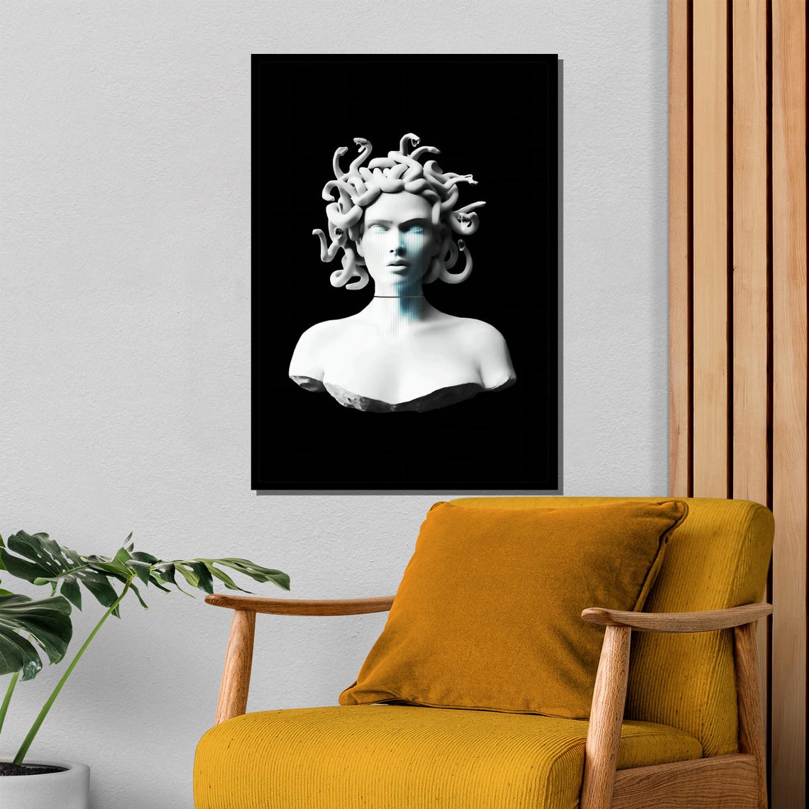 Monochrome Medusa Marble Bust With Glitch Scanline Effect Poster - Image 4