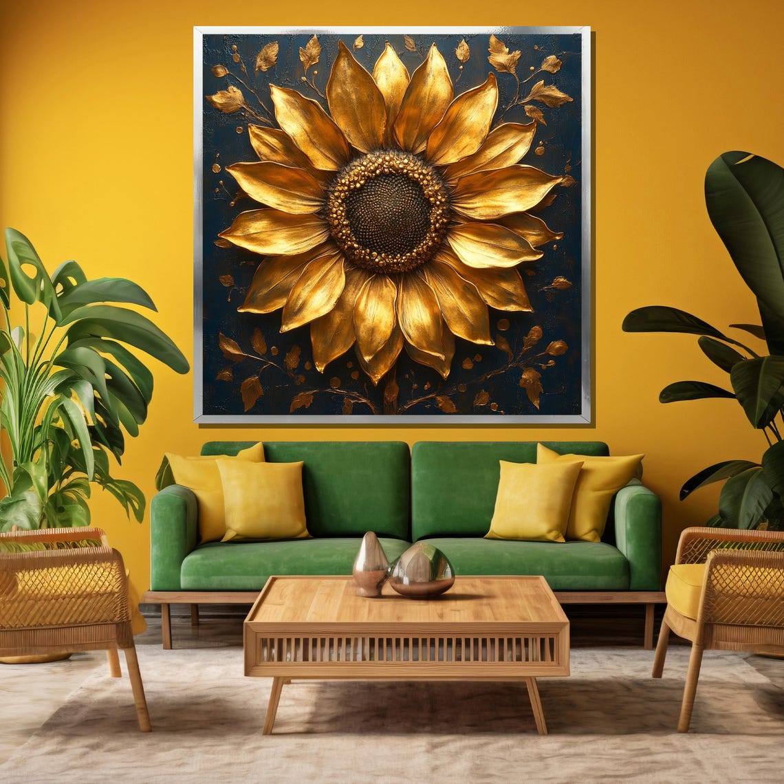 Golden 3D Sunflower On Deep Blue Luxurious Large Floral Poster - Image 3