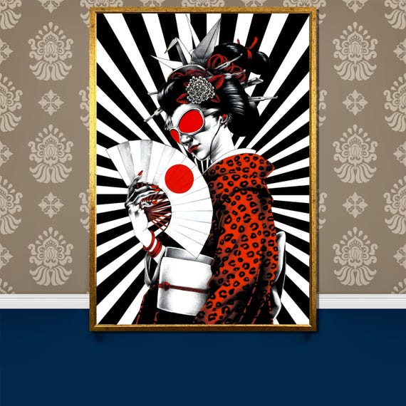 Japanese Geisha Graffiti Painting Bold Red And Black Art Piece Perfect Statement Gift For Modern And Cultural Wall Decor