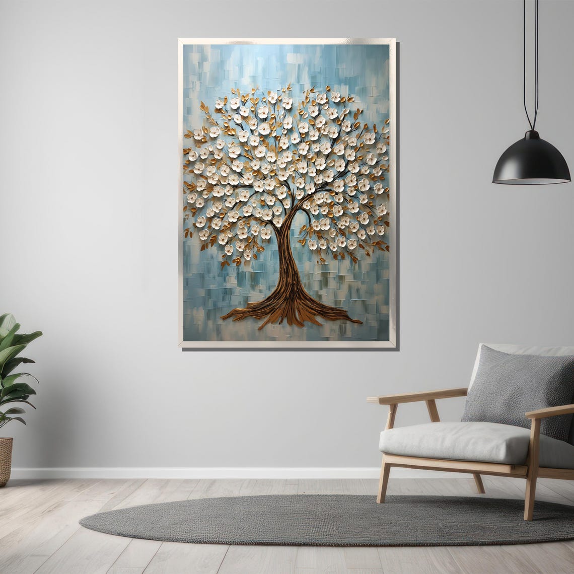 Textured White And Gold Blossom Tree Modern Nature Art Poster - Image 3