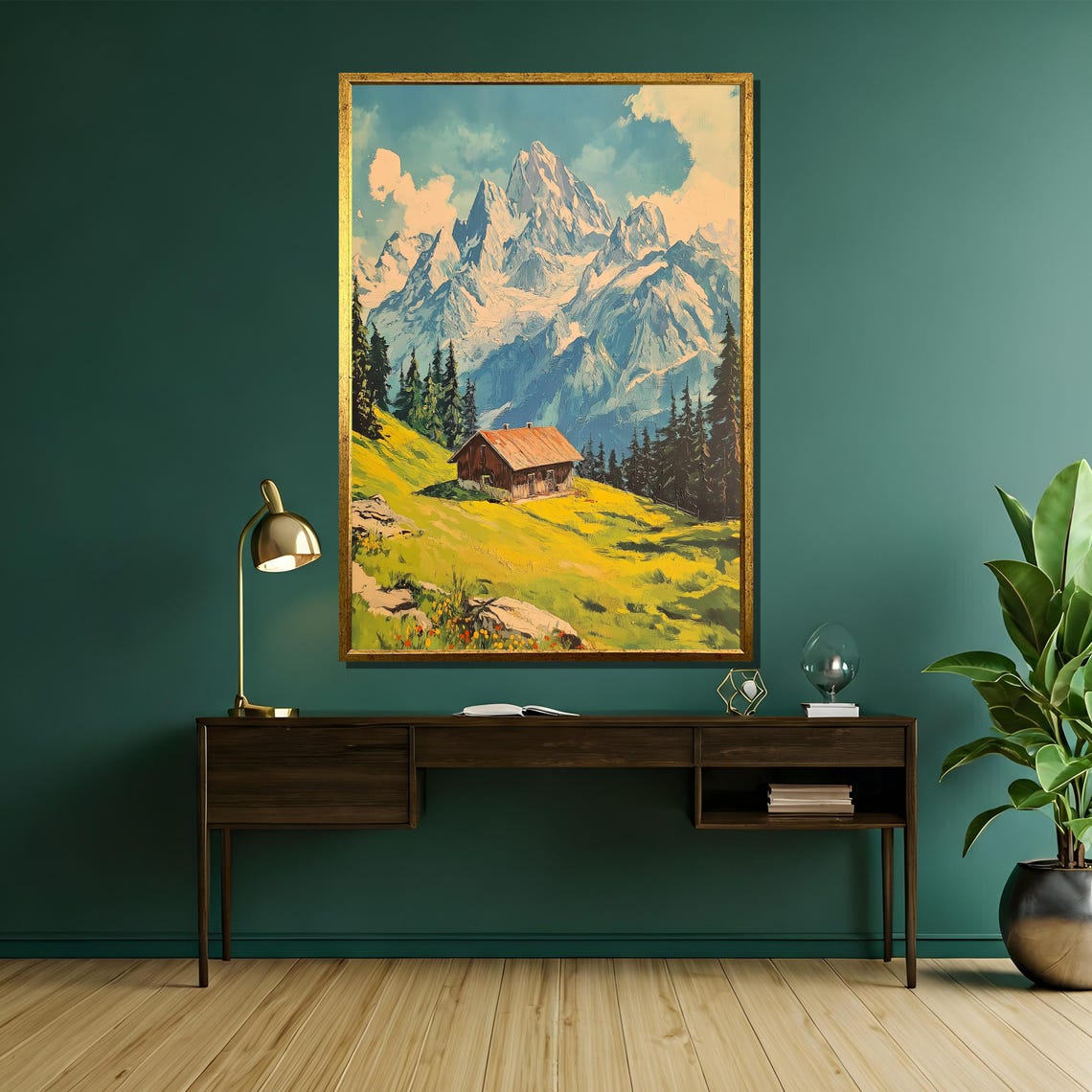 Alpine Cabin In A Green Meadow Below Towering Snowy Peaks Poster - Image 5