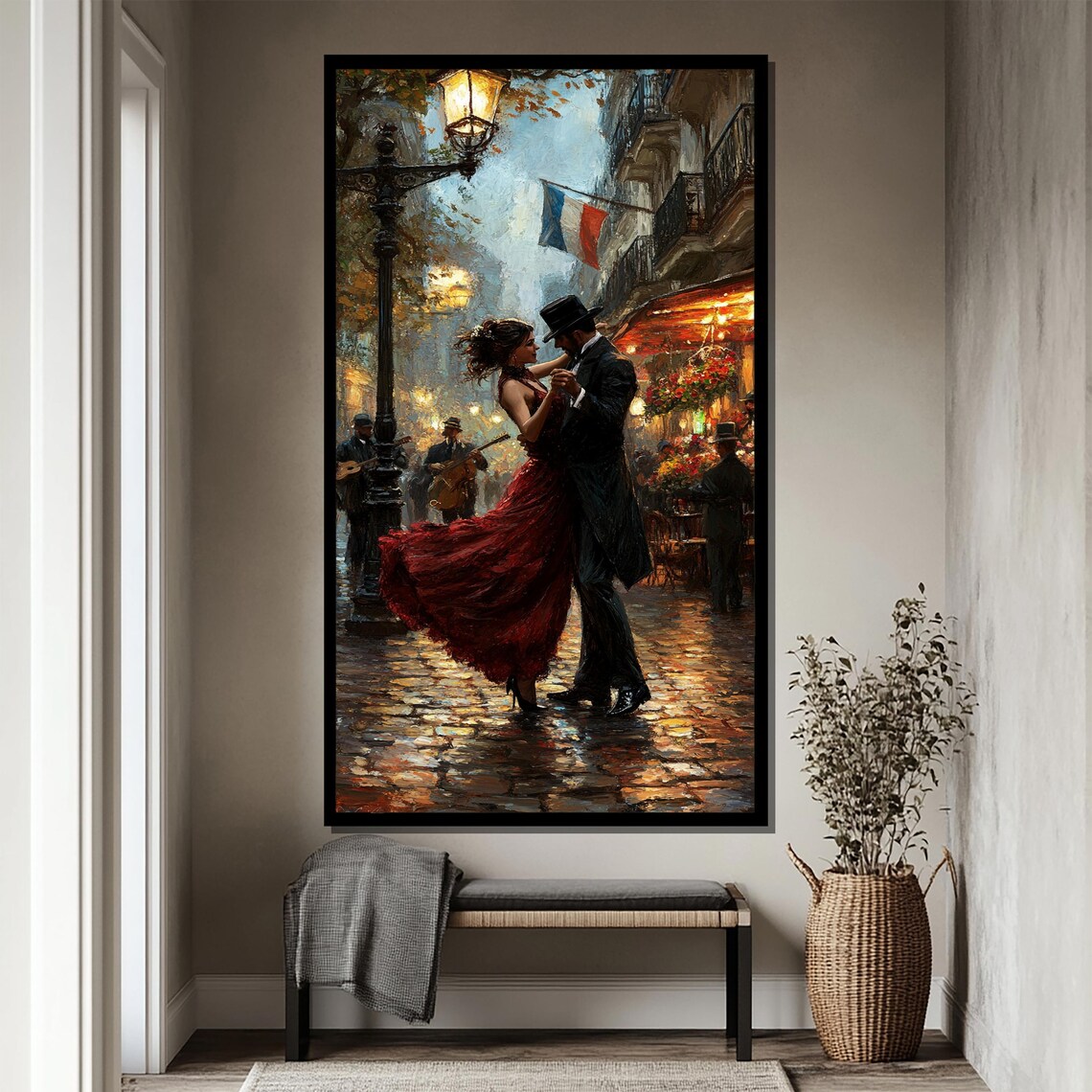 Couple Dancing On Rainy Paris Street French Flag Night Art Poster - Image 4