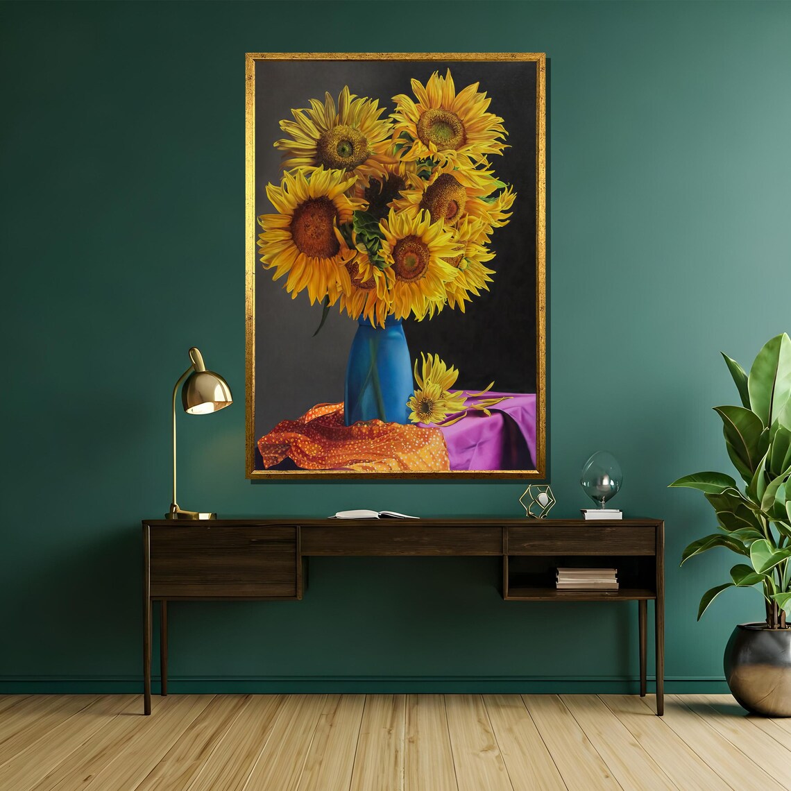 Sunflower Bouquet in a Blue Vase Classic Still Life Painting Poster - Image 5