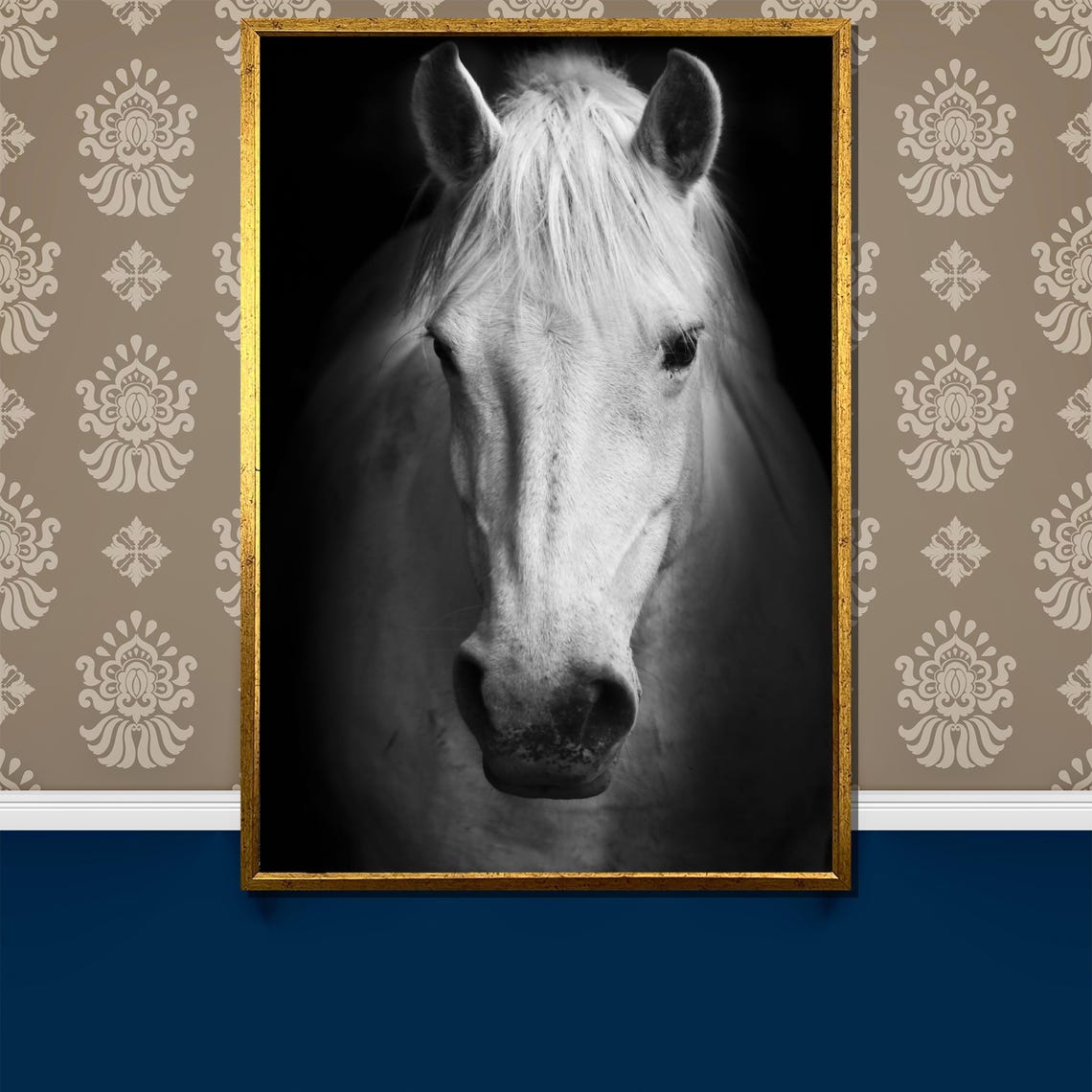 Serene White Horse Close Up Portrait In Black And White Poster
