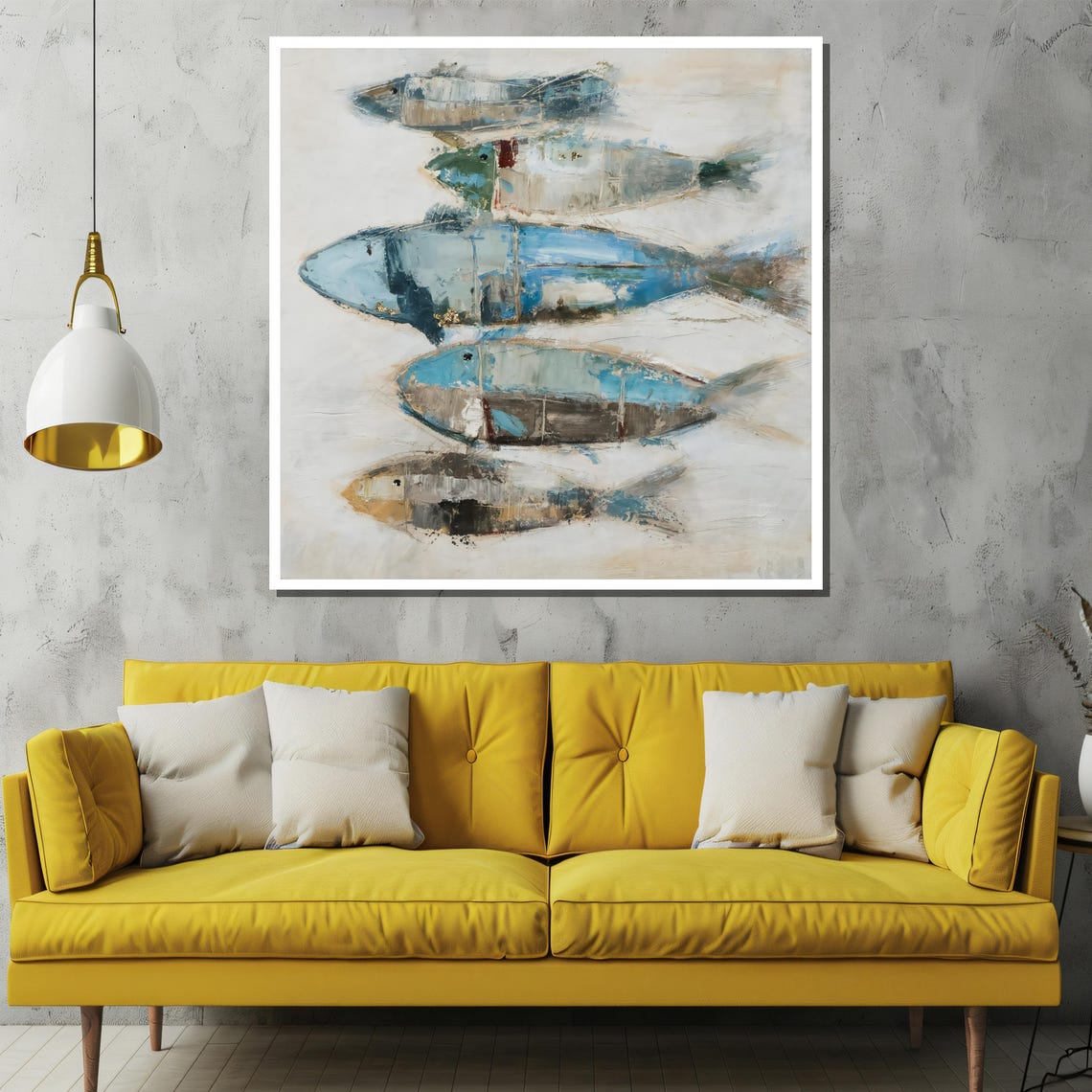 Abstract Blue Fish School Swimming on White Background Poster - Image 2
