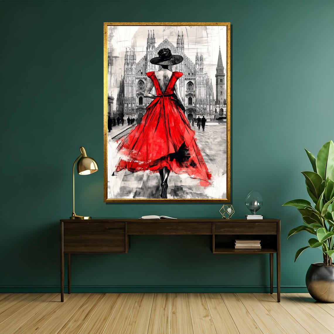 Elegant Lady in Flowing Red Dress Before a Gothic Cathedral Poster - Image 5