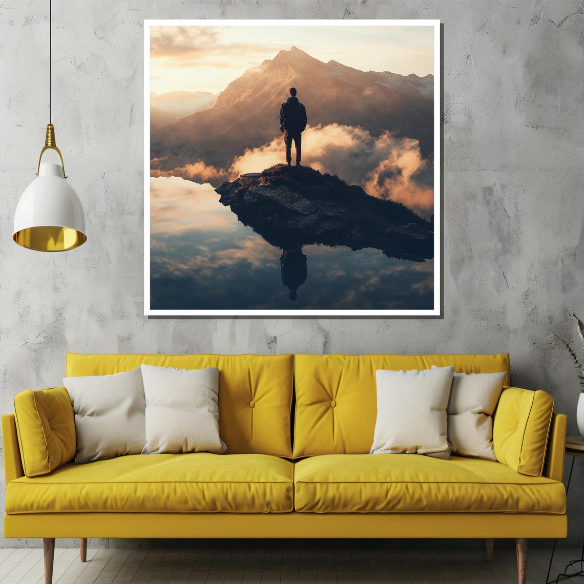 Mountain Explorer Painting Adventure Landscape Art Traveler At Sunset Nature Reflection Wall Decor Gift For Hikers - Image 2