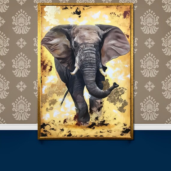 Powerful Charging Elephant On A Golden Abstract Backdrop Poster