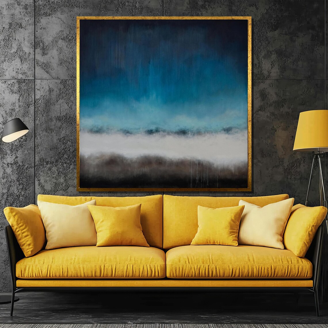 Moody Deep Blue Fog Abstract Horizon Contemporary Painting Poster - Image 2