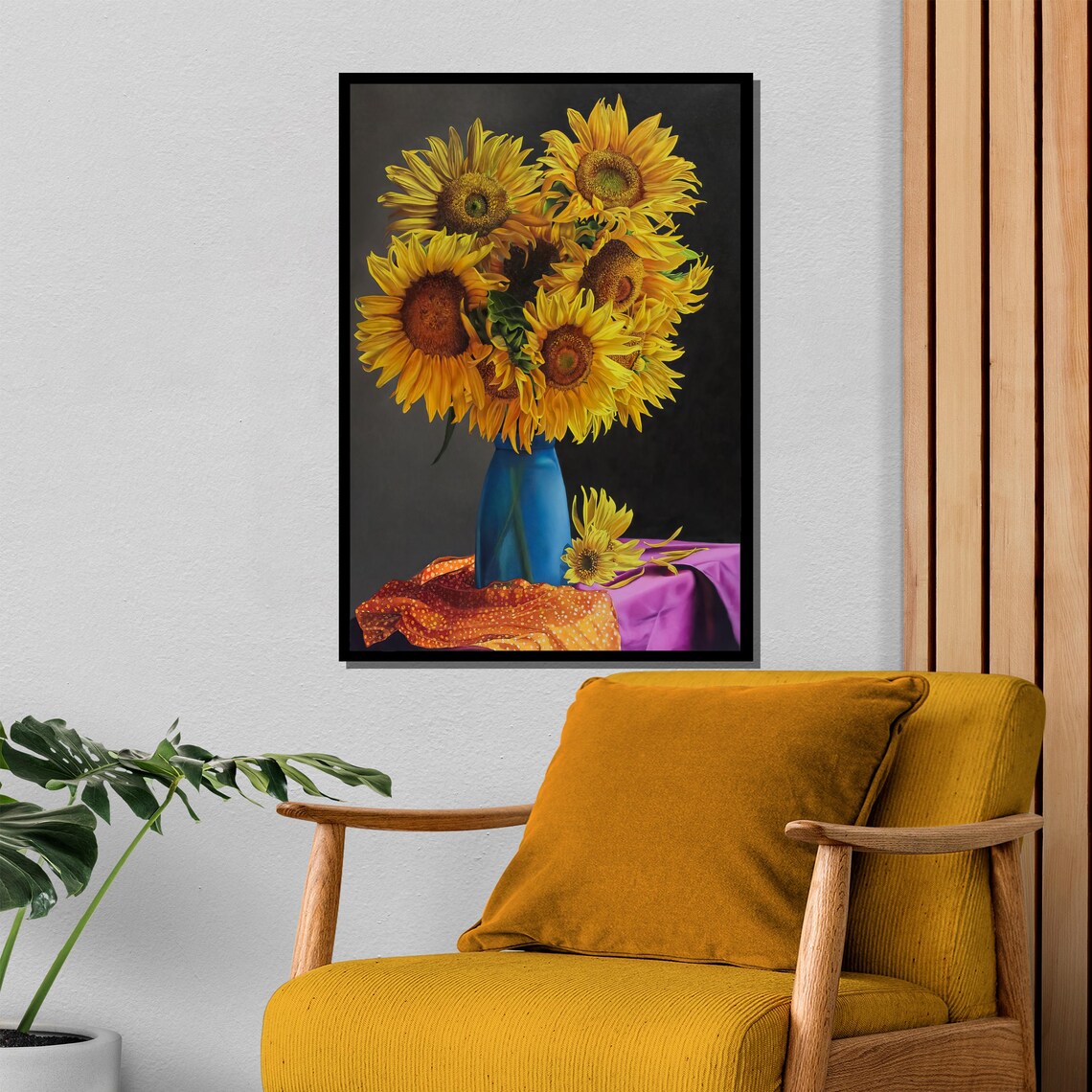 Sunflower Bouquet in a Blue Vase Classic Still Life Painting Poster - Image 4
